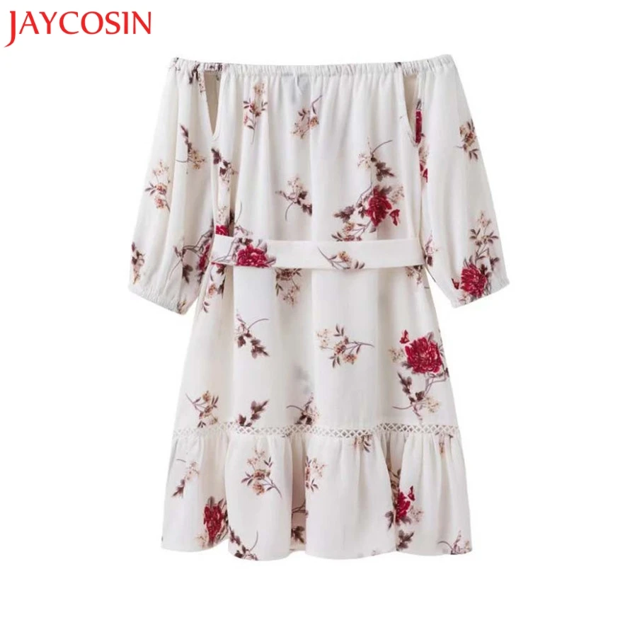 

JAYCOSIN Sexy Off shoulder dress Women Fashions 2018 beach white Mini dress Loose floral print short dress robe Ruffles NEW