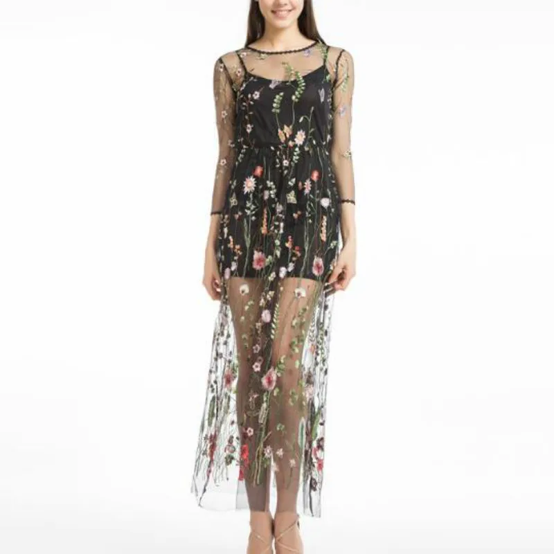 Женское платье с цветочным принтом Черное длинное вышивкой сексуальное из двух