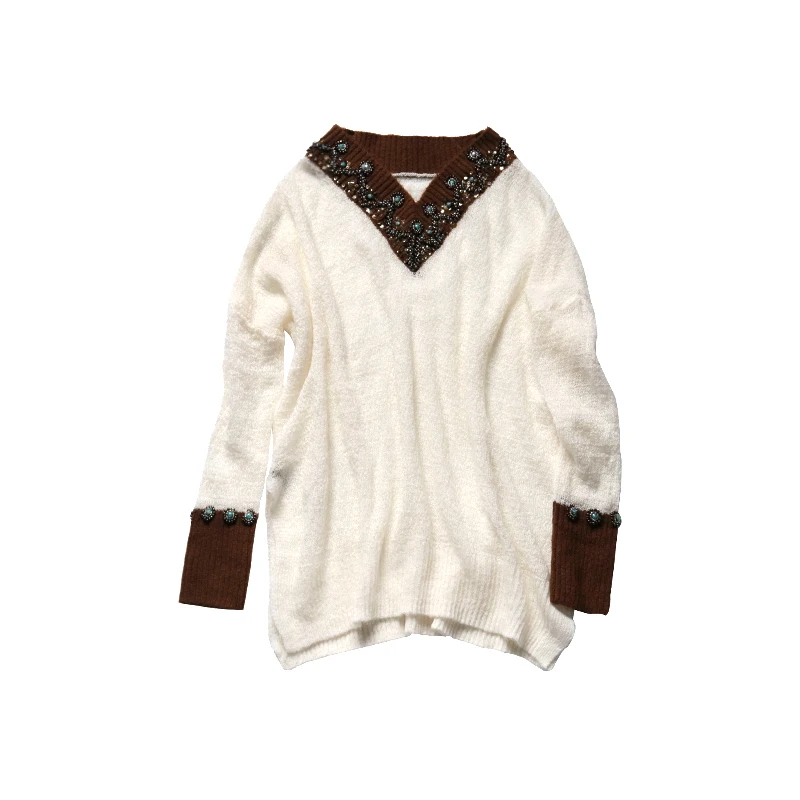 Europe and the United States 2021 new autumn fashion female loose wool turtleneck sweater collar V openwork Beaded | Женская одежда