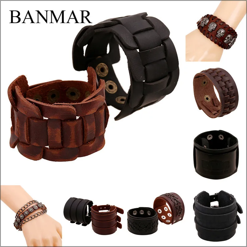 BANMAR Punk Braided Black &amp Brown Genuine Leather Bracelet With Alloy Buckle Adjustable Fashion Women Men Bracelets Jewelry | Украшения