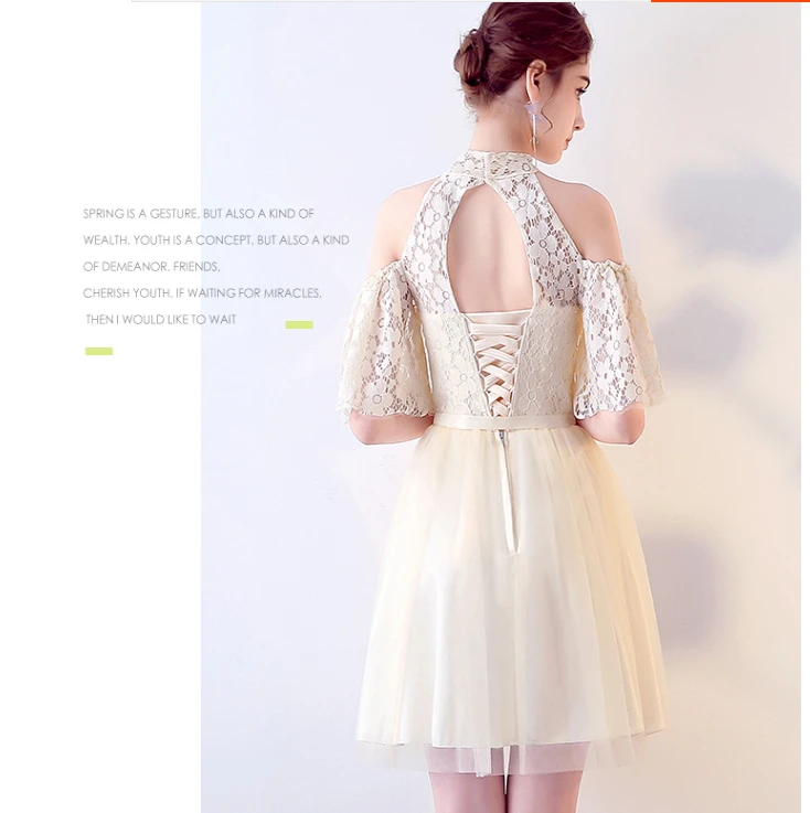 

short champagne grecian style bridesmaid party dresses off the shoulder halter neck tulle bride maid dinner dress for teen H4124
