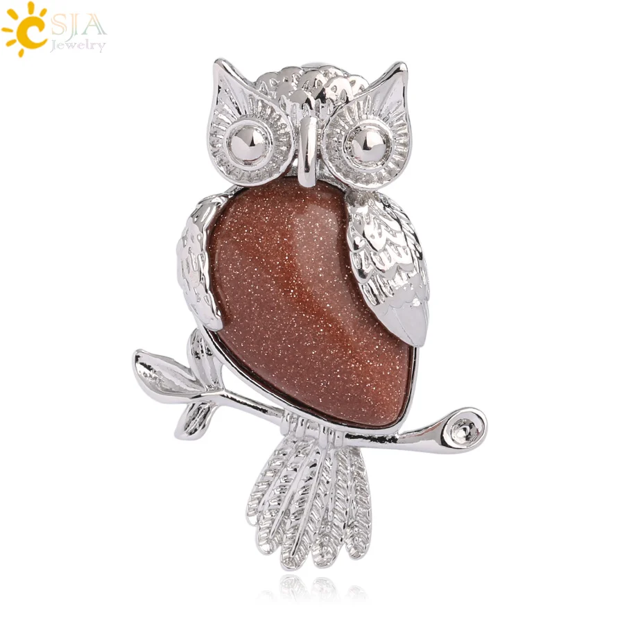 Brown Sand CSJA животное сова кулон в форме капли воды в форме натуральный камень кварц кристалл серебряный цвет кулон для ожерелья для женщин мужчин ювелирные изделия G076 - Окраска металла: Brown Sand