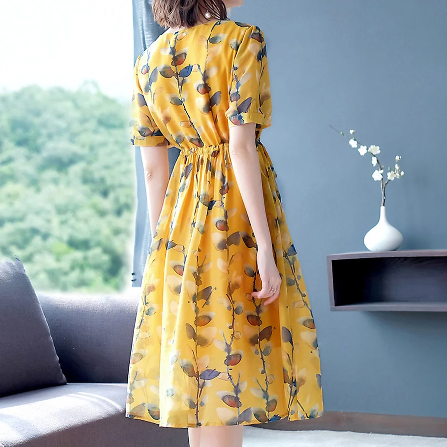 2019 винтажные желтые цветочные шифоновые богемные миди платья летние плюс размер