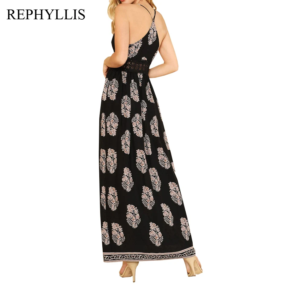 

REPHYLLIS Women Black Printing Split V Neck Strap Sexy Backless Sleeveless Beach Party Casual Summer Beach Dress