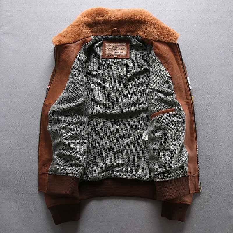 New Men Air Force Flight Coat Fashion Fur Collar Soft Sheepskin Motorcycle Jacket Real Bomber Jackets Winter Russia Coats
