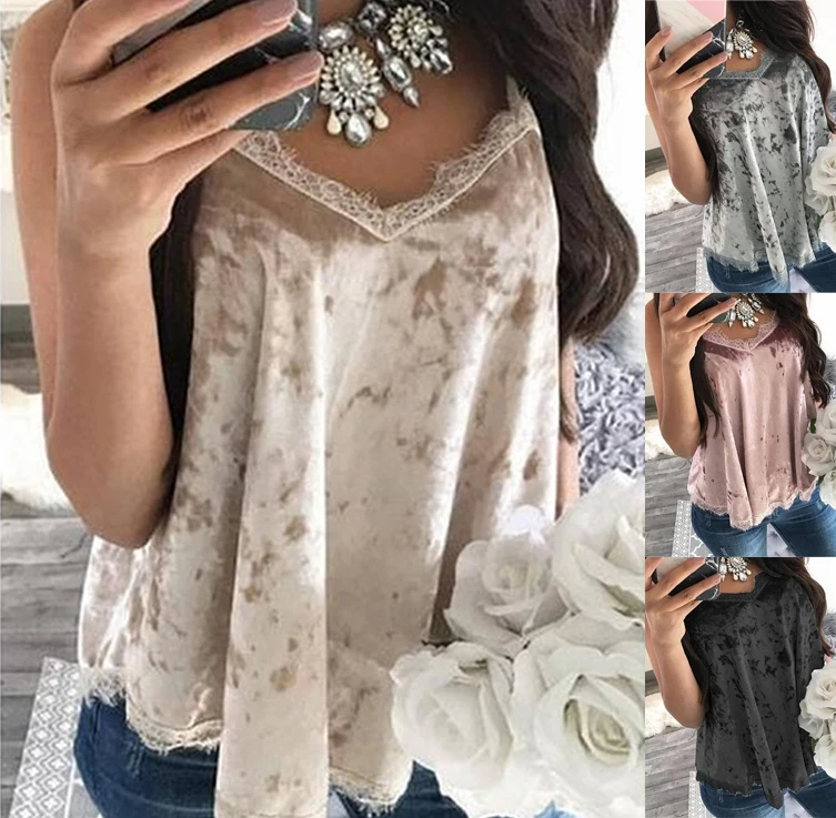 Summer Cami Women Sexy Sleeveless V Neck Solid Color Velvet Camis Tops Lace Patchwork Slim Club Party Camisole Big Size 3XL | Женская