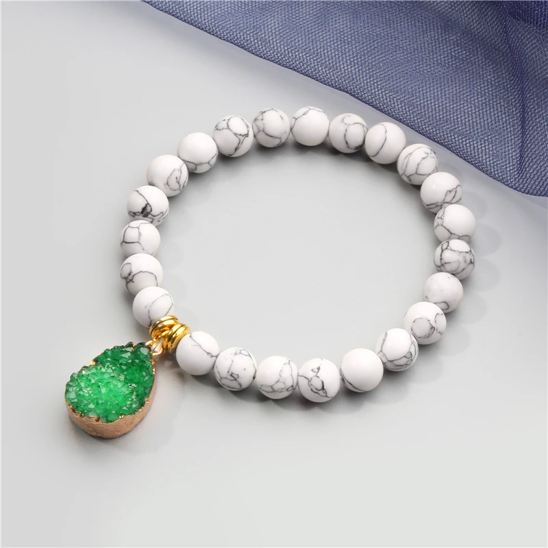 Druzy Agates Pendant Bracelets Women Natural 8 mm Smooth White Turquoises Beads Bracelets For Girls Friendship Bracelet Jewelry