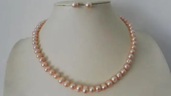 Charming Natural Pearl Jewellery Set Pink Color 7-8mm Real Freshwater Necklace Earrings New Free Shipping | Украшения и