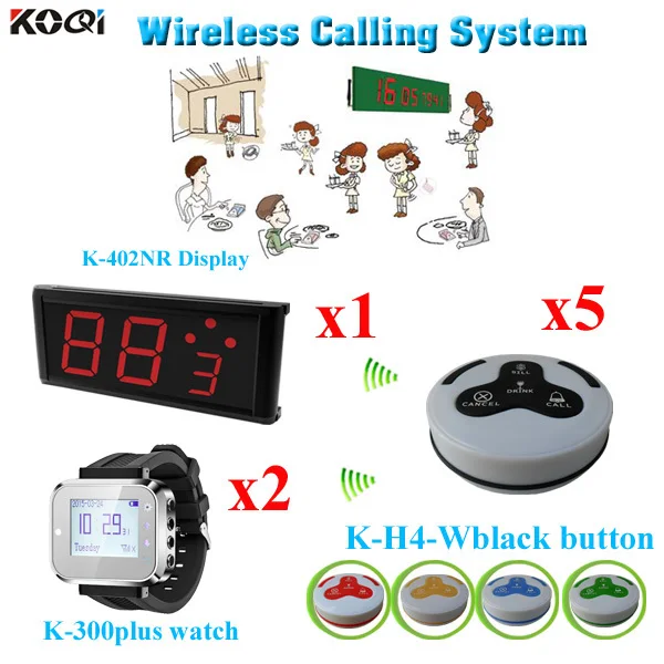 Wireless Call System Smart Wireless Restaurant Equipment Wire Used(1 display 2 wrist watch 5 call button)
