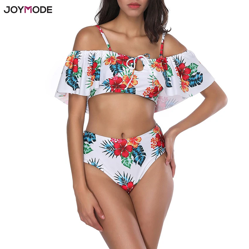 JOYMODE с открытыми плечами Купальник из двух частей с воланами Купальник для женщин с оборками пляжное бикини с высокой талией Mujer Cintura Alta Biquini