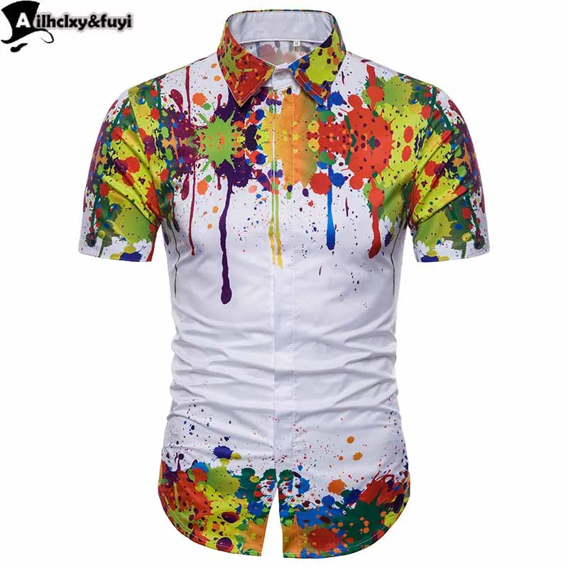 Рубашка с рисунком краски для мужчин, шелк, хлопок, Camisa, мода, летние мужские рубашки с принтом, короткий рукав, мужские платья, рубашки высокого качества - Цвет: Photo Color