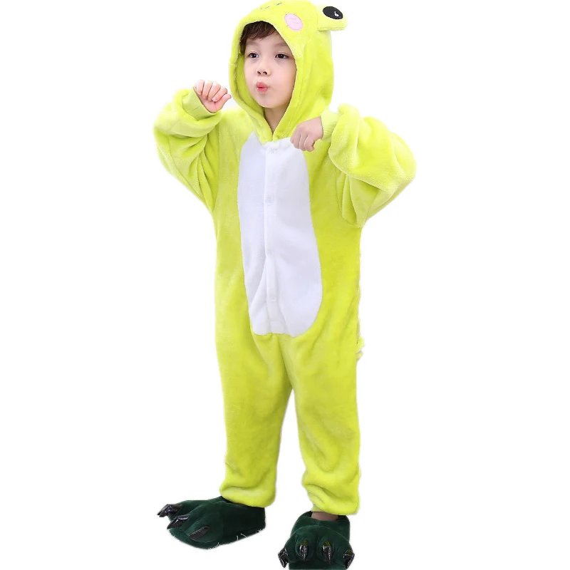 Frog Фланель Детская кигуруми пижамный комплект Зима С Капюшоном Животное Единорог Пикачу Стежка Косплей Дети Пижамы Для Мальчиков Девочек Пижамы Onesies пикачу одежда пижама детская для девочек пежама единорога для детей - Цвет: Frog
