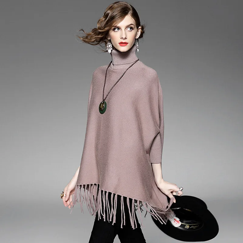 Женское пончо с длинным рукавом серый вязаный свитер кисточками и высоким