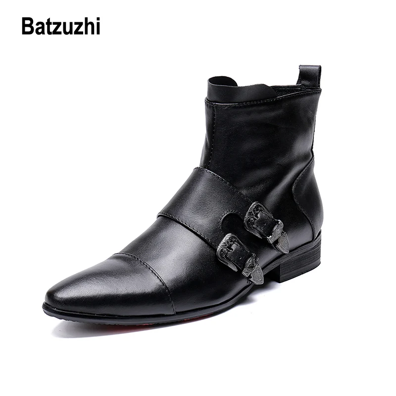 Batzuzhi Fashion Men Shoes Boots Pointed Soft Genuine Leather Buckles Motorcycle Knight Work for Big US12 |