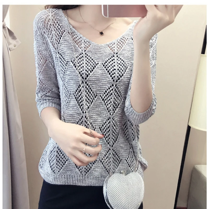 Women Fashion Crocheted Summer Pullover Mesh Knitted Beige Jumper Sweater Tops Pull Clothing Thin Jumpers New Arrival | Женская одежда