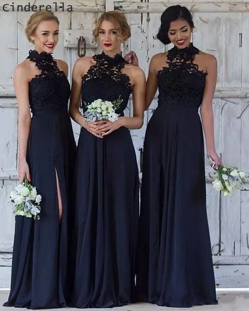 

Dark Navy Halter Sleeveless Chiffon Lace Applique Pleated Bridesmaid Dresses Cheap Lace Chiffon Sweep Train Bridesmaid Gown