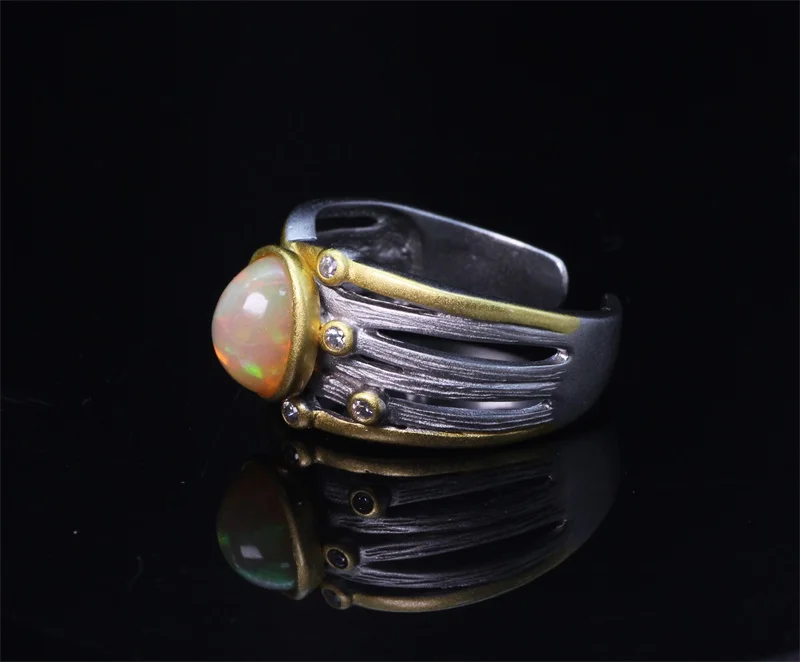 

SHIQING Boutique real nature opal vintage silver open ring for man
