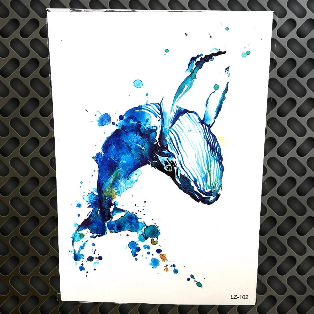 

Watercolor Whale Temporary Tattoo Sticker For Women Sexy Body Art Fake Flash Tatoo Men 21*15CM Blue Dolphin Waterproof Tattoo 3D