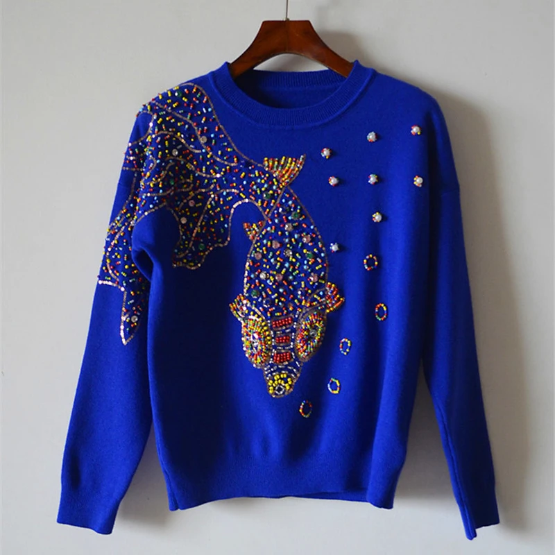 Women Fashion Pullover Autumn 2017 Female Winter Cotton Sweater Manual Diamonds Beaded Sequins Pearl Ladies Goldfish Casual Tops | Женская