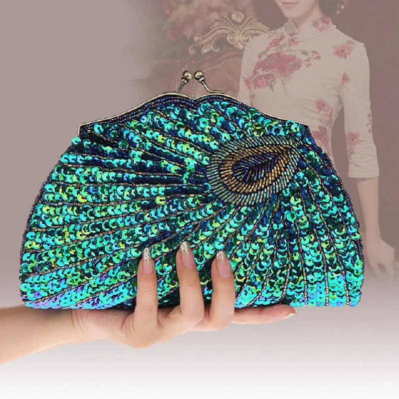 2018 клатч с павлином синий зеленый золотой вышитыми блестками женская вечерняя