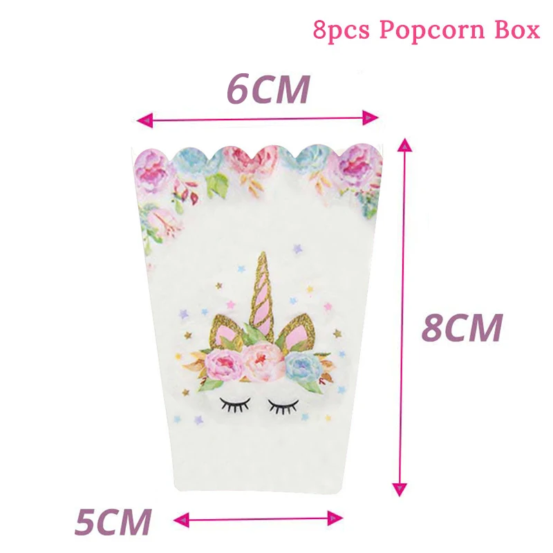 8pcs Popcorn Boxes Вечерние принадлежности в виде единорога, скатерть с единорогом на 1-й день рождения, бумажная салфетка для чашек, баннеров, Топпер для торта, украшения для свадьбы, для детского душа - Цвет: 8pcs Popcorn Boxes