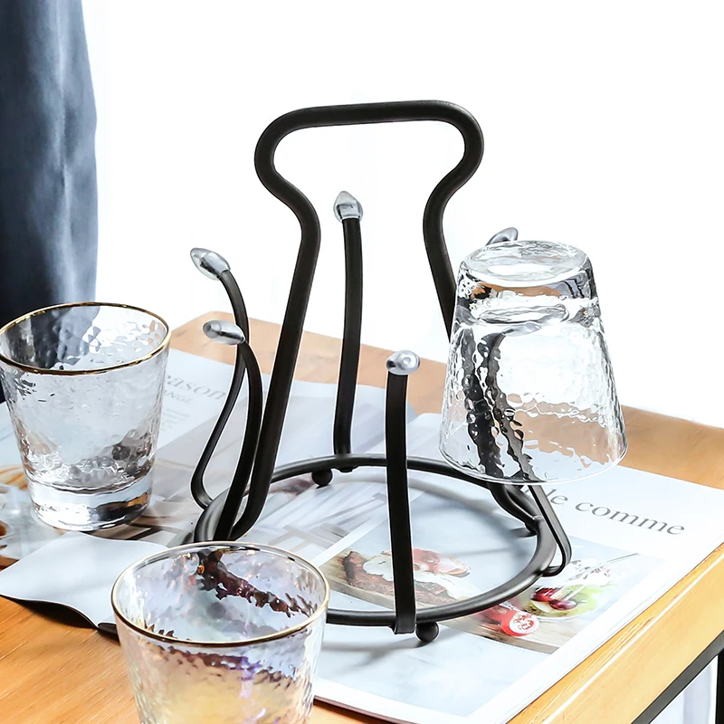 Round wrought iron cup holder creative home living room upside down drain mug rack storage hanging glass shelf mx6251641