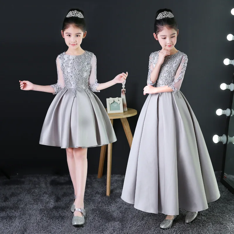 

Princess dress toddler girls costumes evening formal prom dress silver pleat lace flower appliques party 2018 hollow out sleeves