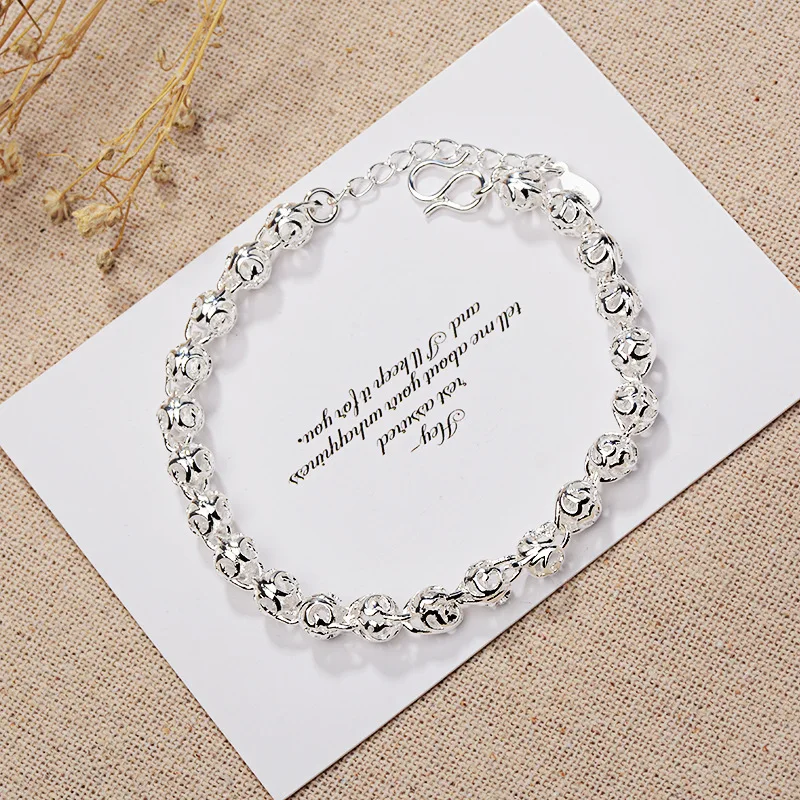 OMHXZJ Wholesale European Fashion Woman Girl Party Birthday Wedding Gift Simple Hollow Beads 925 Sterling Silver Bracelet BA122