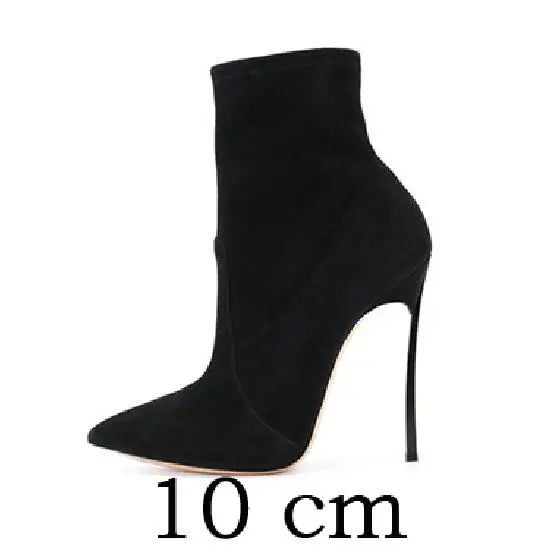 black 10 cm Г. Зимние женские ботинки из флока на тонком высоком каблуке с мехом, модные пикантные ботильоны женская обувь на высоком каблуке 10 см/12 см - Цвет: black 10 cm