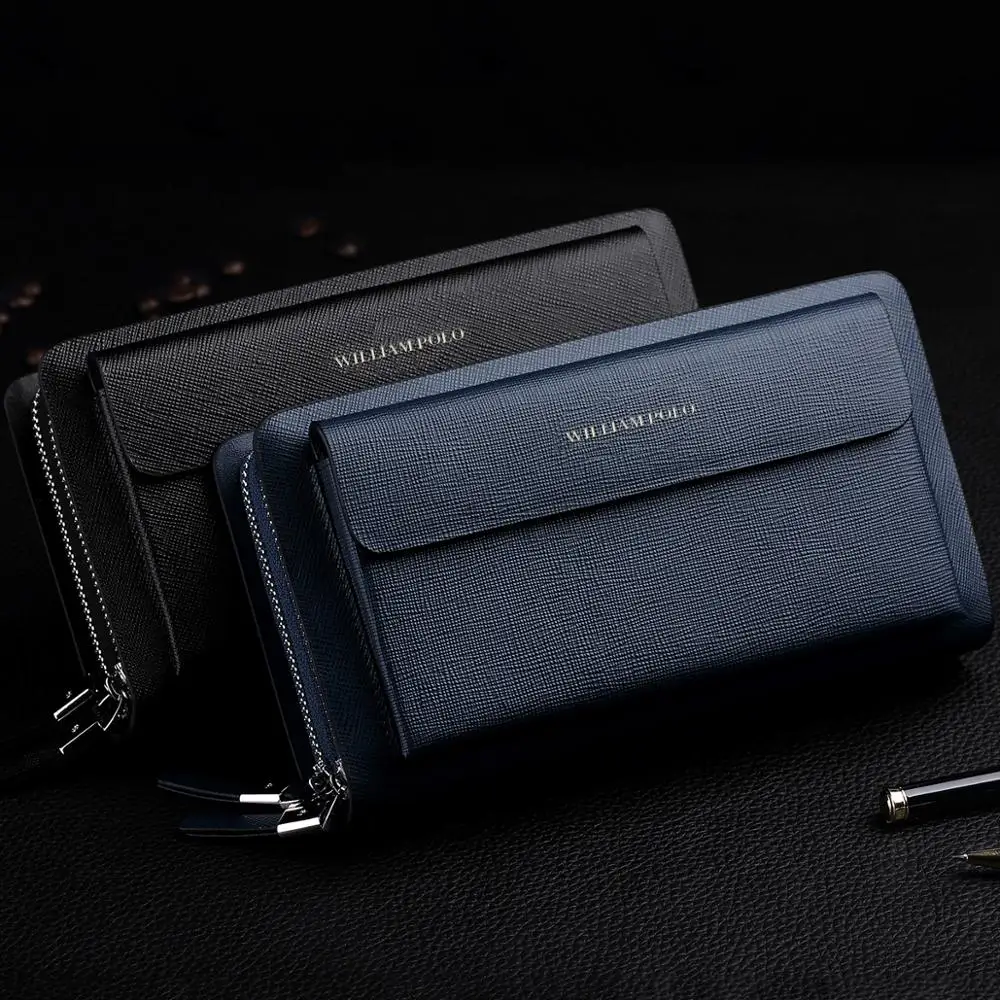 WILLIAMPOLO New Men Wallet Genuine Leather Long Clutch Phone Pocket Card Holder Handbag Double Zipper Detachable Wristlet Black images - 6