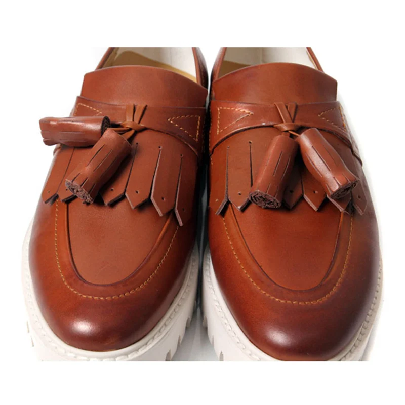 Brand New Retro Mens Genuine Leather Round Toe Tassel Shoes Business Man Fringe Thick Heel Oxfords Heighten | Обувь