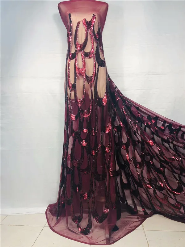 

2019 High Quality African Lace Fabric Gold , red, black French Net Embroidery Sequins Tulle Lace Fabric For Nigerian party Dress