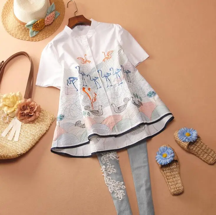 

Women's spring autumn short sleeve A-line vintage embroidery cotton shirt female casual loose chic cotton shirt blouse tb131