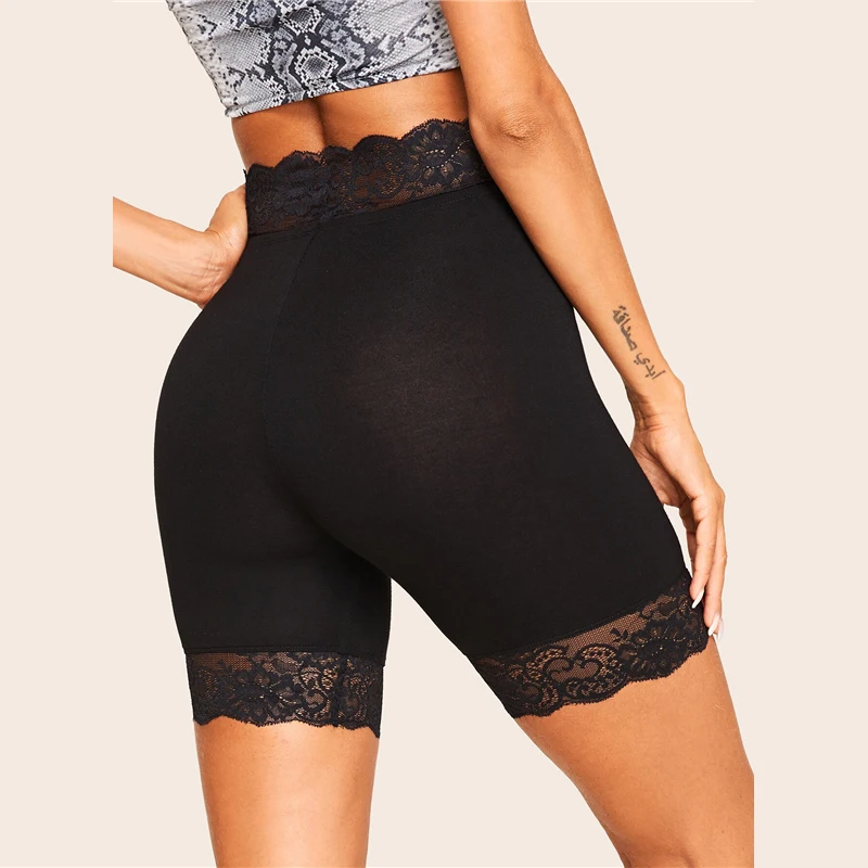 SHEIN, короткие однотонные байкерские леггинсы с кружевной отделкой, женские,, байкерские короткие, летние, эластичные, для фитнеса, средней талии, обтягивающие, базовые леггинсы