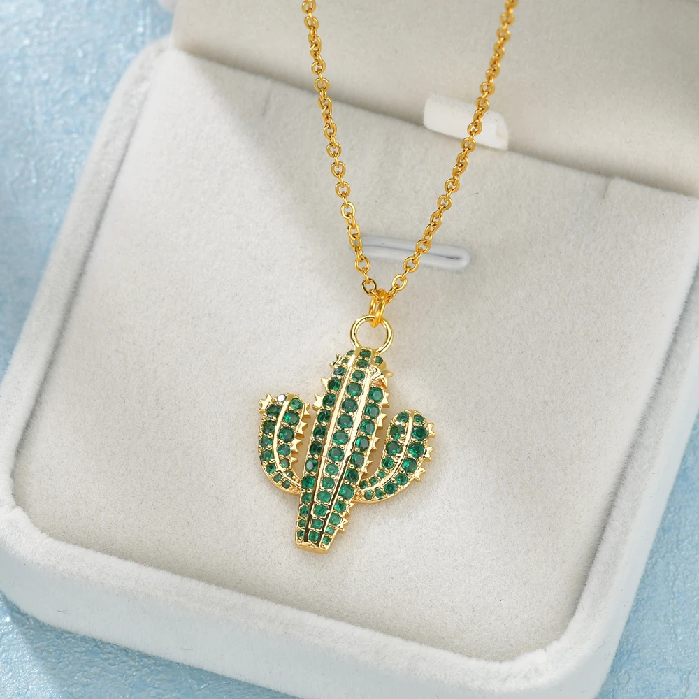 

2021 New Fashion Micro Pave CZ Cubic Zirconia Green Cactus Pendant Necklaces For Women Jewelry