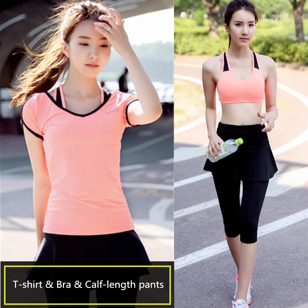 

Women 3 Pieces Yoga Set Female Quick Dry Sportswear Gym Running Girls Clothes Pink T-shirt&Bra+Black Calf-length Pants