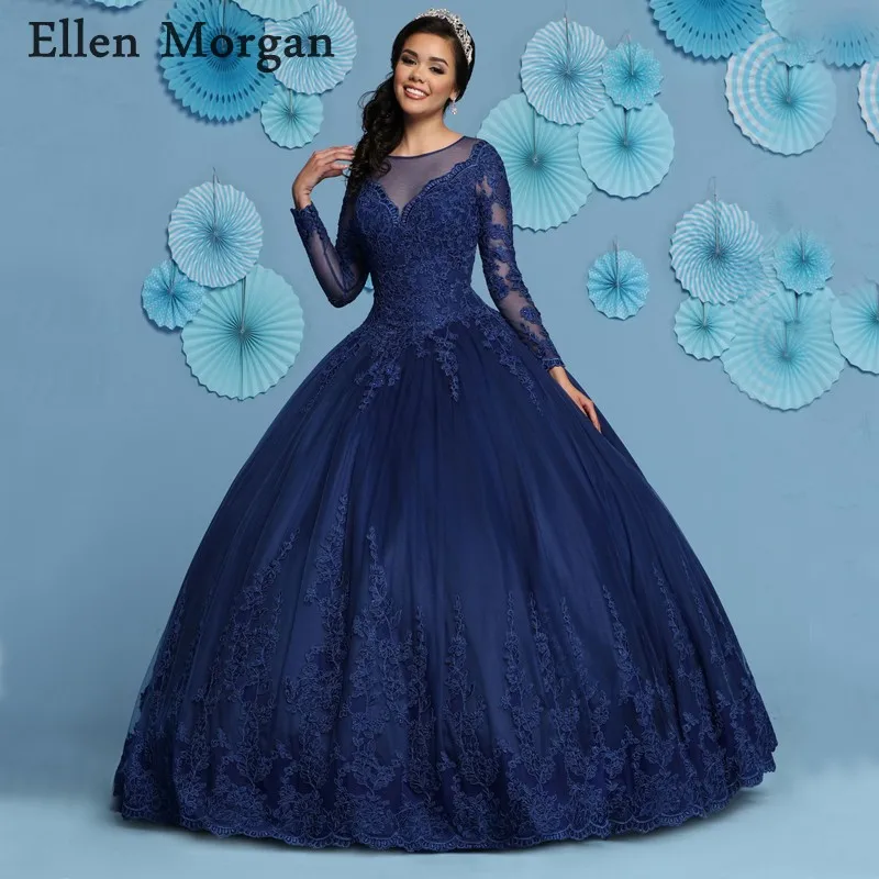 Темно-синие Бальные платья для Quinceanera 2020 милые кружевные до пола с длинным