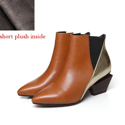 brown short plush Ботинки «Челси»; осенние женские ботильоны из натуральной кожи; разноцветные ботинки с острым носком на квадратном каблуке; размеры 34-41; HL02 muyisxi - Цвет: brown short plush
