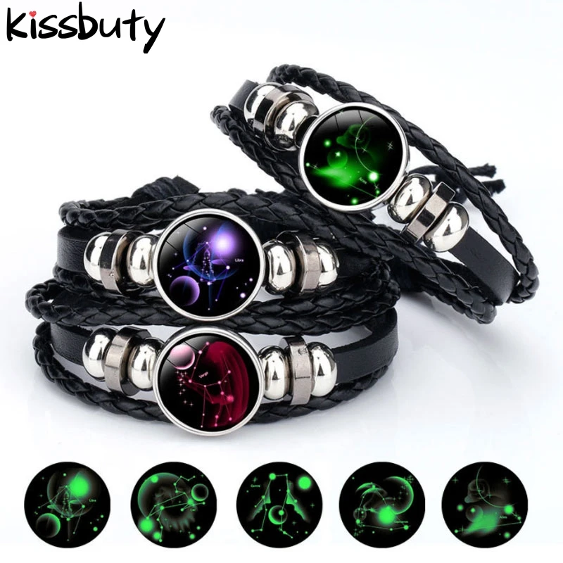 

New Handmade Luminous 12 Constellation Zodiac Print Leather Bracelets Glass Snap Buttons Bracelet Bangle for Woman Men Jewelry