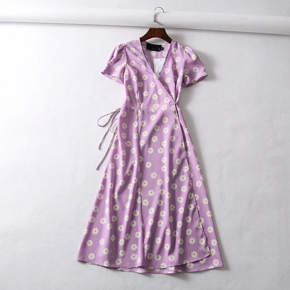 Лето boho Винтаж цветок dot print wrap dress Женщины с коротким рукавом шифоновое пляжное