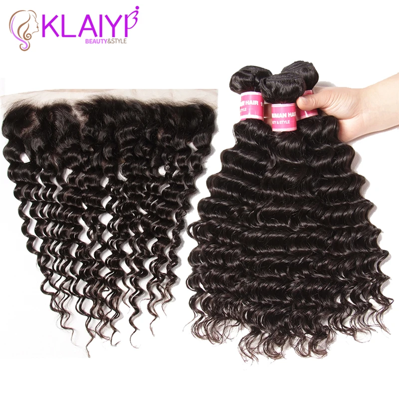 Klaiyi волосы бразильские глубокая волна пряди с фронтальной Remy человеческие