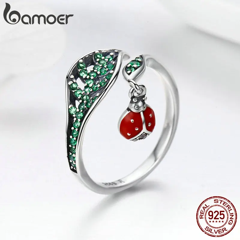 BAMOER, 925 пробы, серебро, отдых, божья коровка, болтаются в листьях дерева, кольца на палец для женщин, Стерлинговое Серебро, ювелирное изделие, подарок SCR310