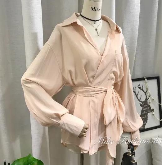 2019 New Spring Pure Color Loose Belt Long-sleeved Blouse Shirt + Wide Leg Shorts Two-piece Lady Girls Casual Suit |