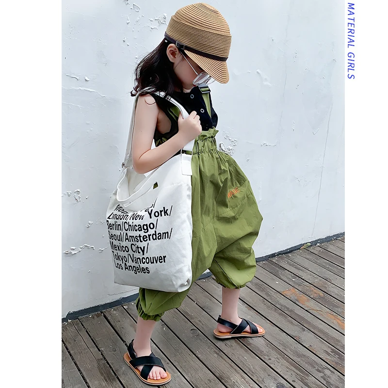 Girls baby black vest+ green jumpsuits 2 pcs sets summer new loose Bloom pants for children clothes overalls suits ws855