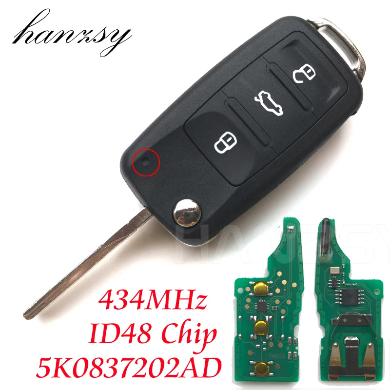 Складной ключ с 3 кнопками 434 МГц для Volkswagen VW Golf Jetta Polo Scirocco Tiguan Touran Up Beetle Caddy Eos