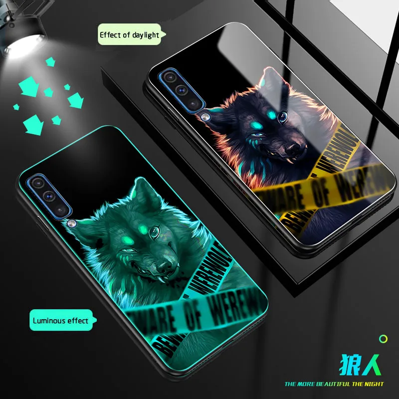 4 Роскошные светящиеся стеклянные чехлы с изображением волка для Samsung Galaxy A50 A505, задняя крышка с изображением дракона для Samsung Galaxy A30 A305, чехол для телефона - Цвет: 4