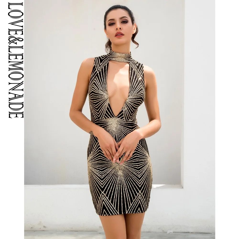 LOVE & LEMONADE черный золотой геометрический вырез воротник блестящий материал