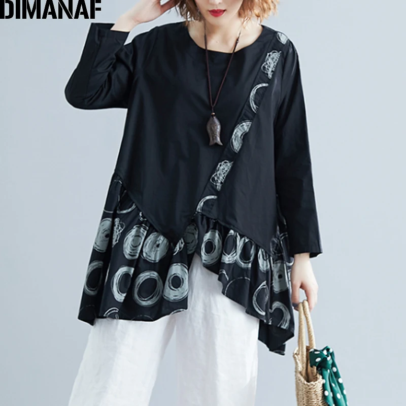 Женская блузка с оборками DIMANAF Свободный Топ винтажным принтом и длинным рукавом