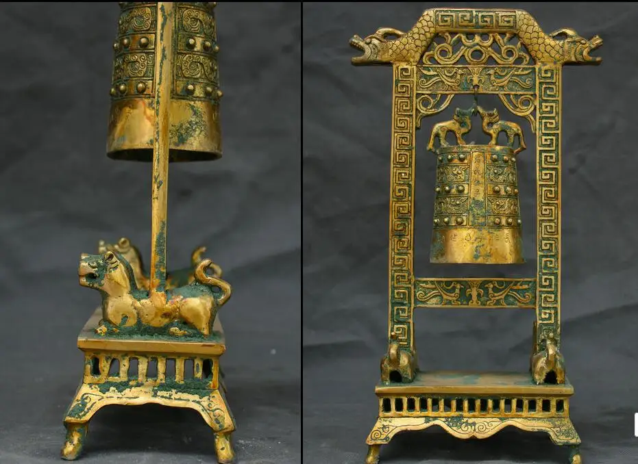 14 4 &quotКитай Бронзовая посуда позолоченный два головы дракона чудовище тигра база