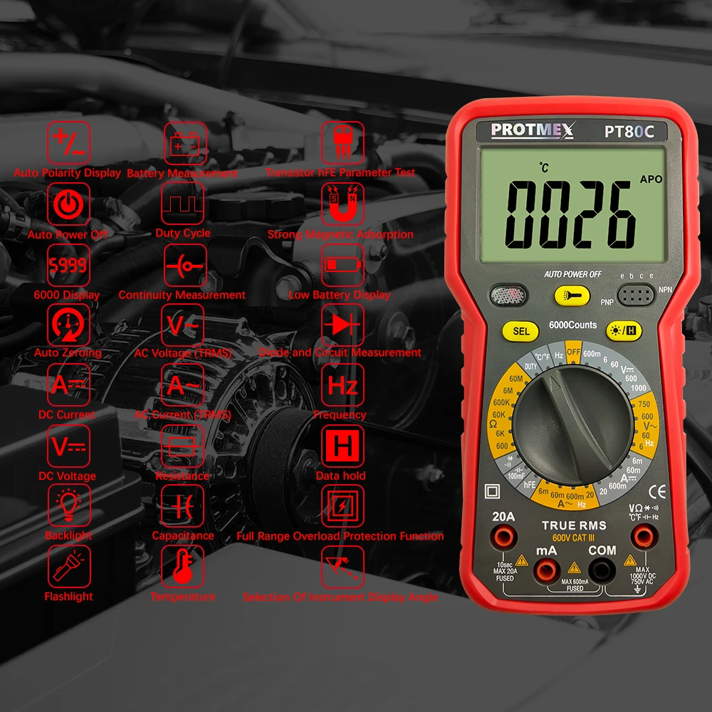 Protmex PT80C/PT80D 6000 отсчетов Цифровой мультиметр DC/AC напряжение ток сопротивление